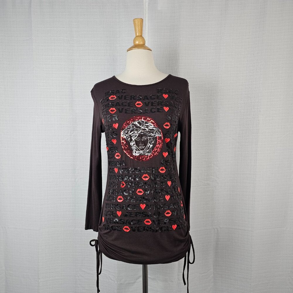 Versace Sequin Long Sleeve Ruched Side-Tie Top